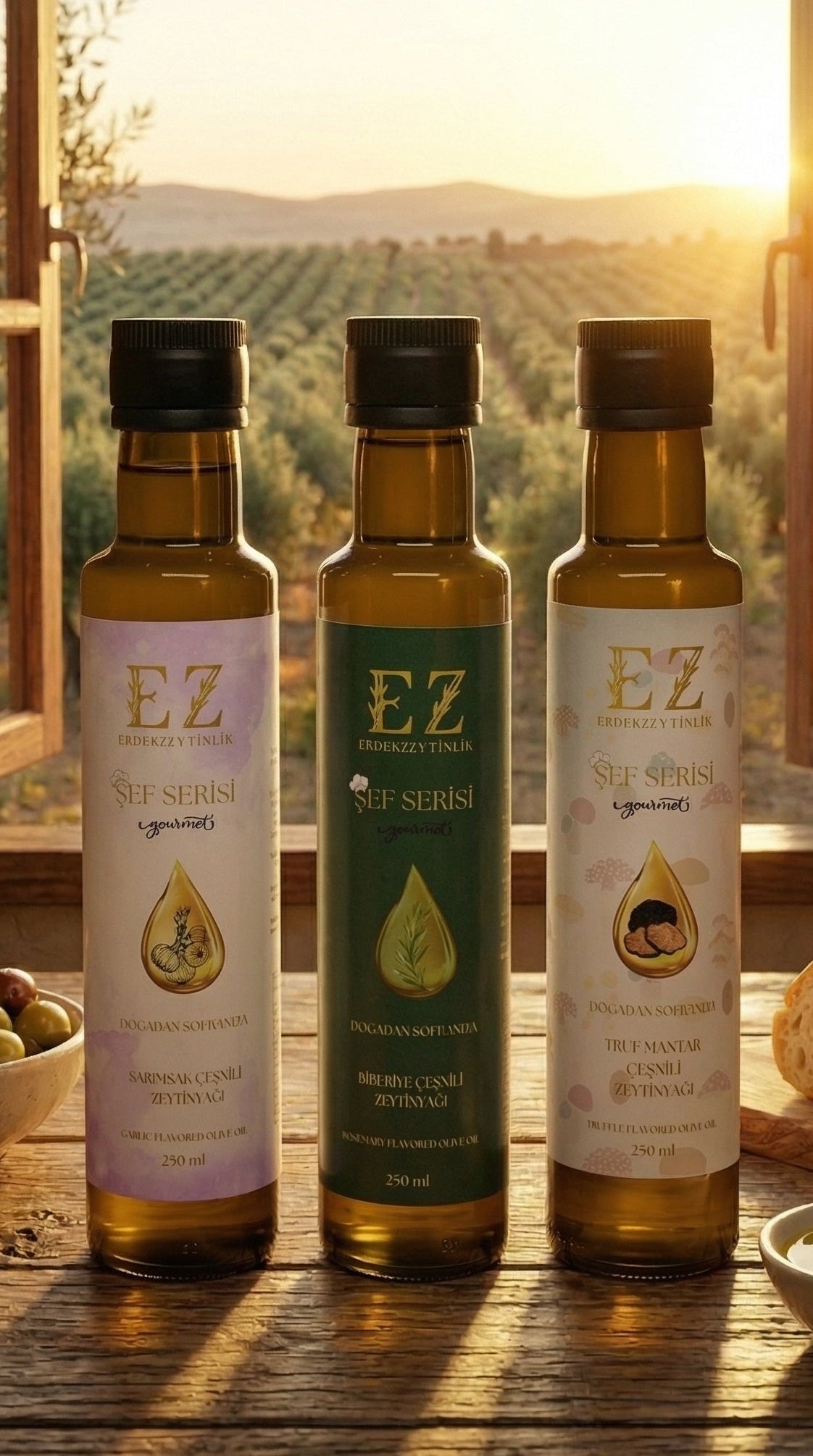 Şef Serisi Başlangıç Paketi Trüf Mantar-Biberiye-Sarımsak Çeşnili Zeytinyağları 250mL